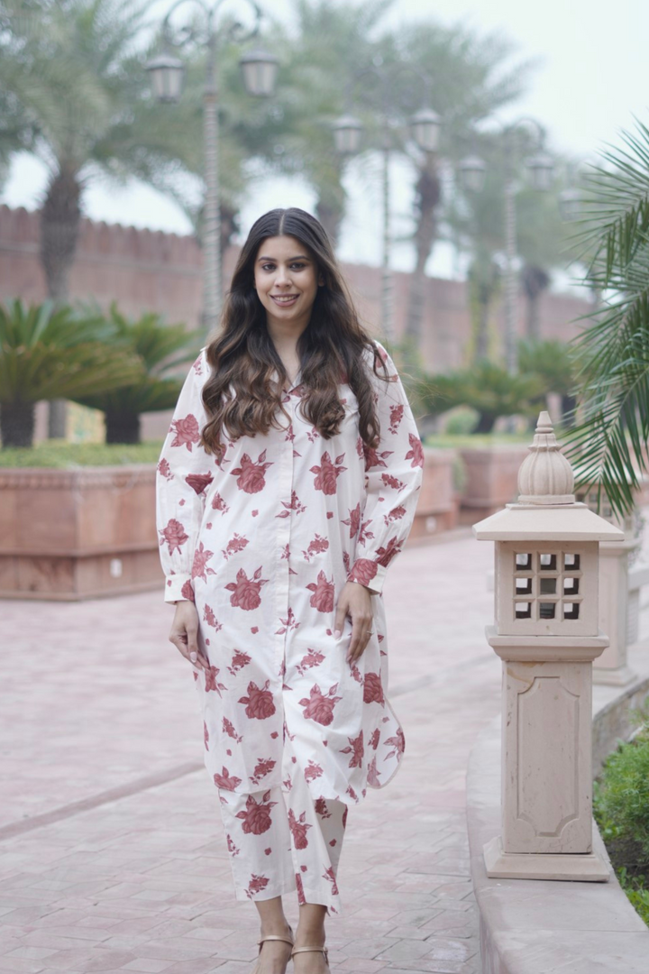 VINTAGE ROSE: COTTON LONG SHIRT CO-ORD SET