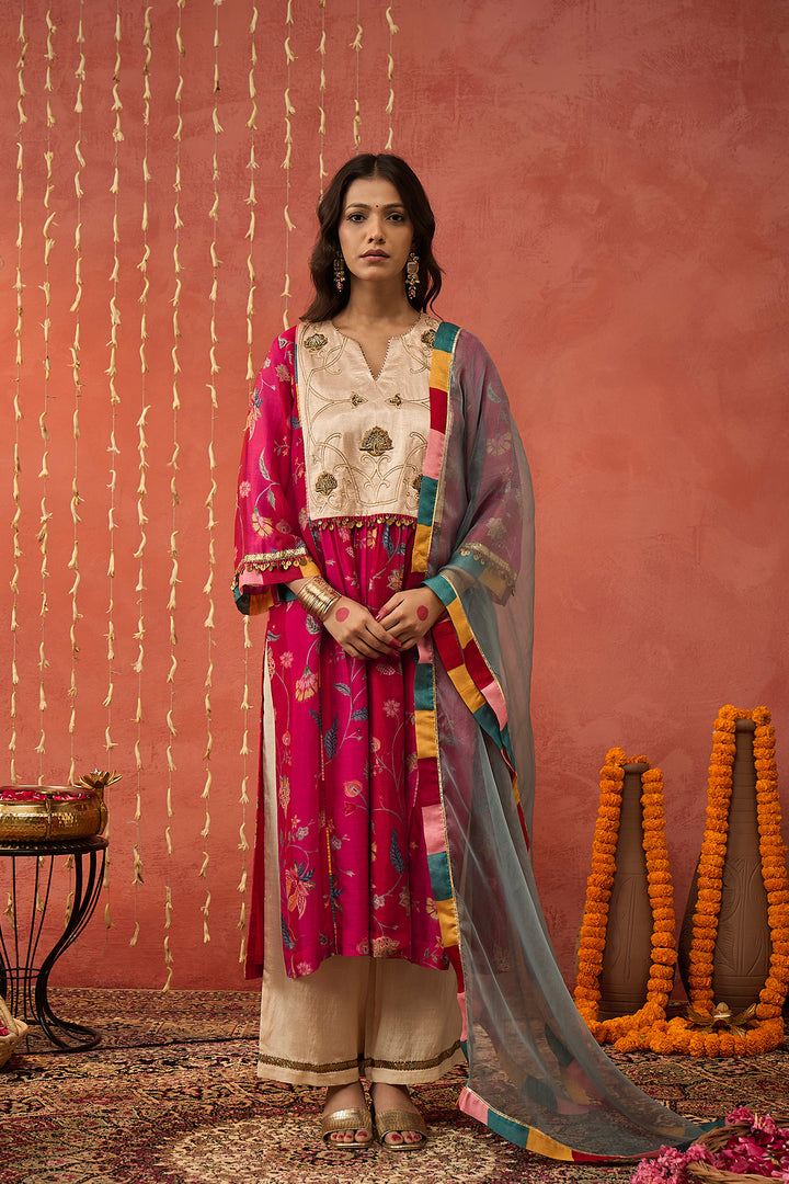 SHREE-RED CHINTZ CHANDERI EMBROIDERED KURTA