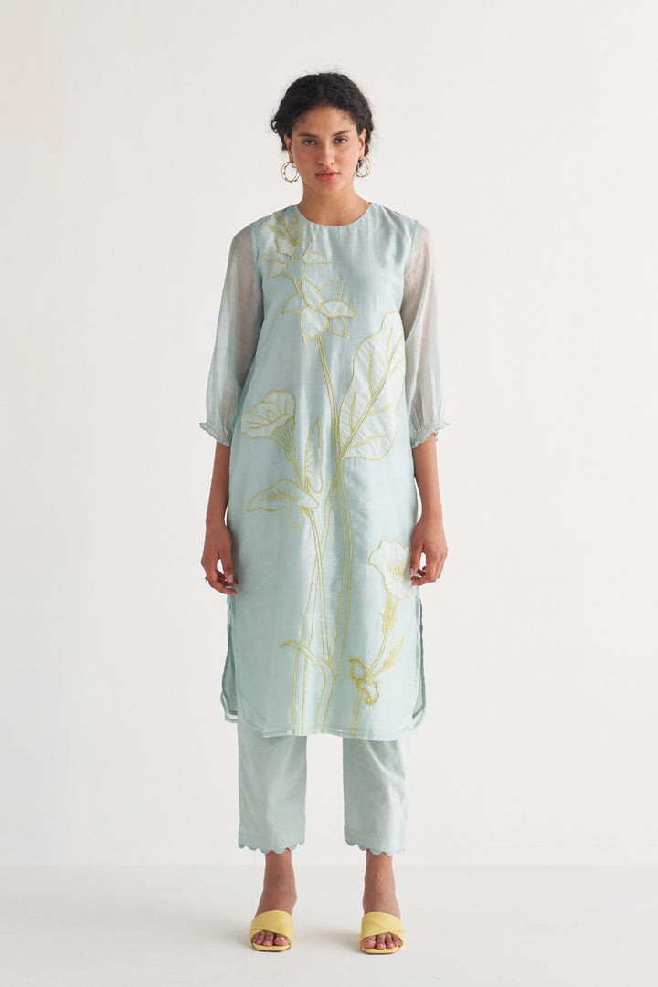 Powder Blue Pants with Scalloped Lace