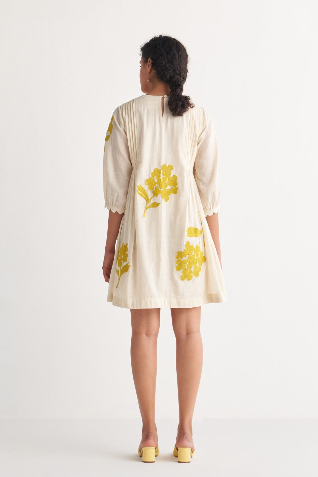 Canary Yellow Pintuck Cross-stitch bunch Off-White dress