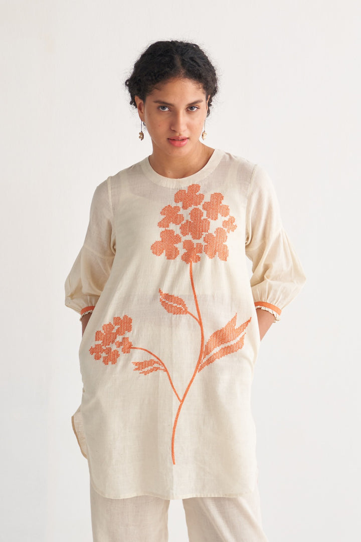Orange Florence Cross-stitch Off-white top
