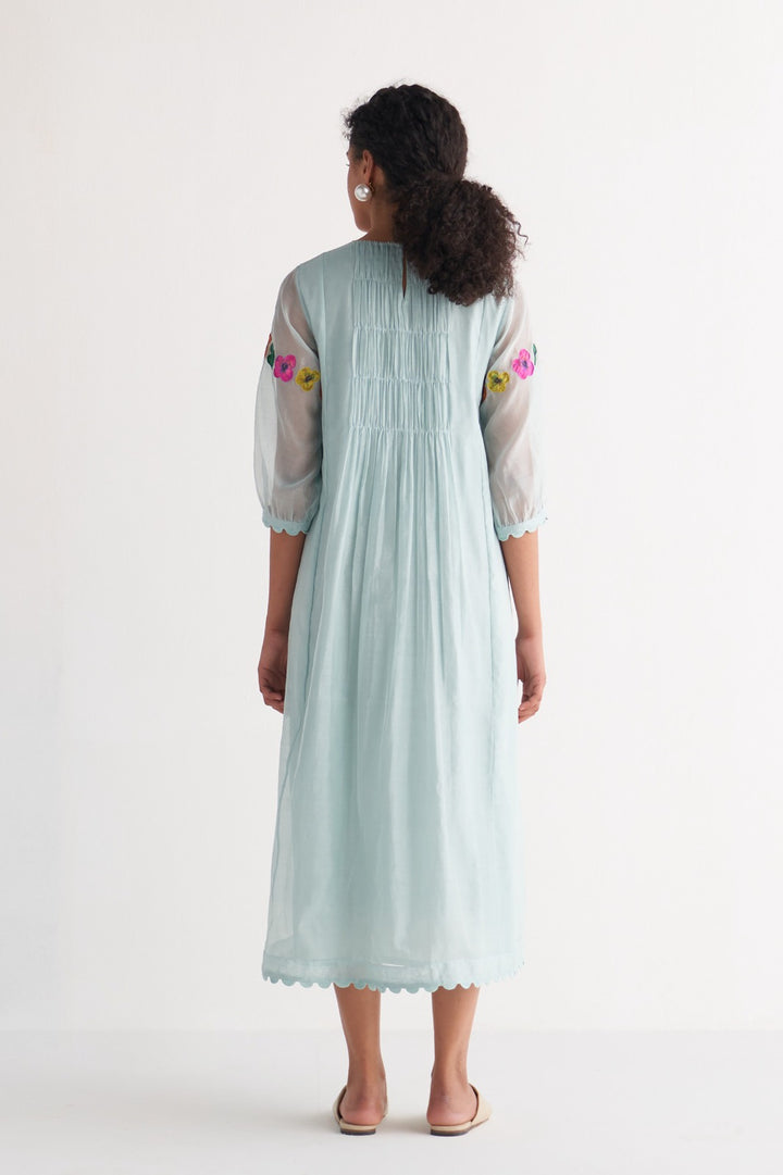 Blue Sea Breeze Applique Gathered Dress