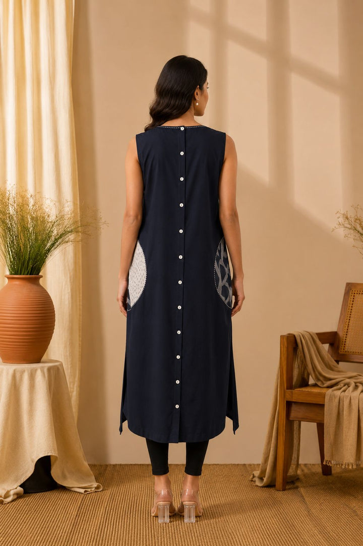 Black Cotton Tunic with Abstract Pocket Print