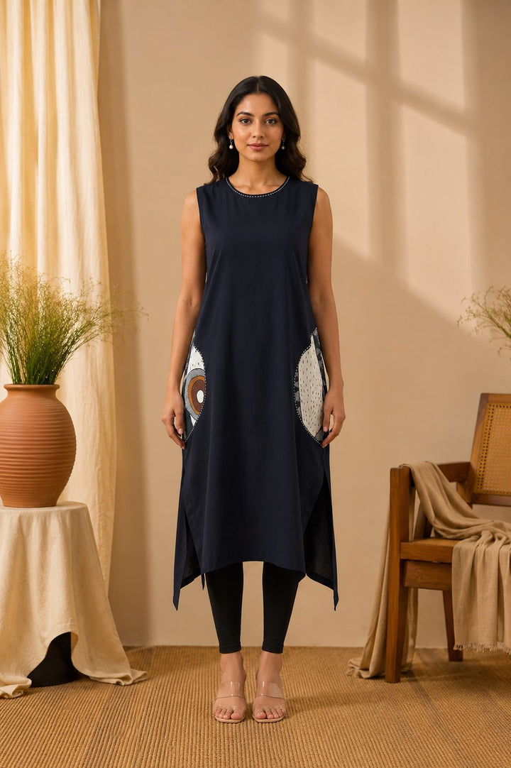 Black Cotton Tunic with Abstract Pocket Print