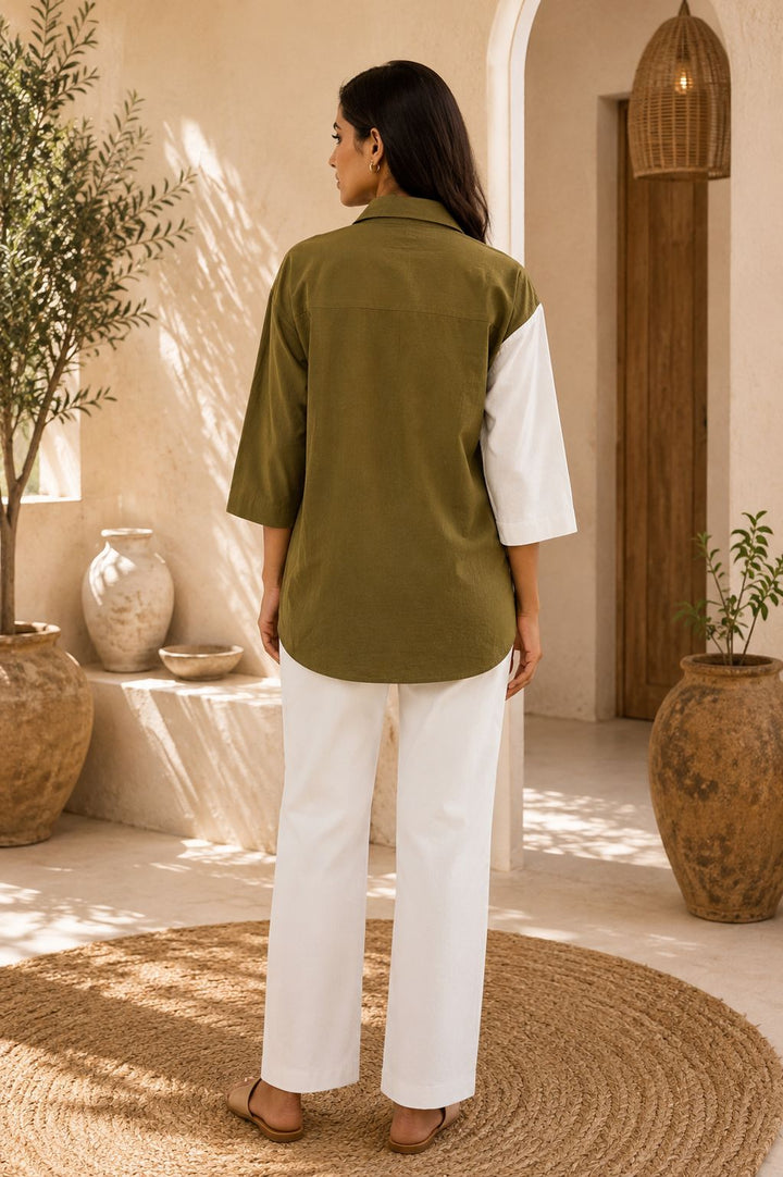 Olive Green Color Block Shirt