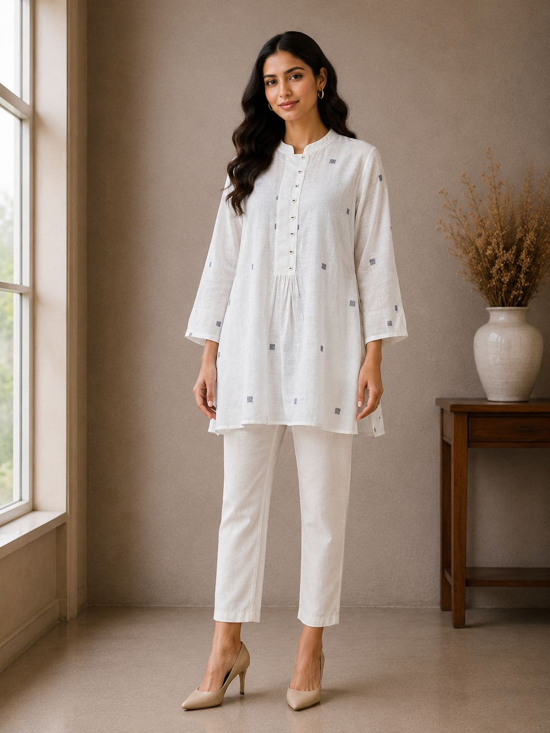White Cotton Dobby Tunic