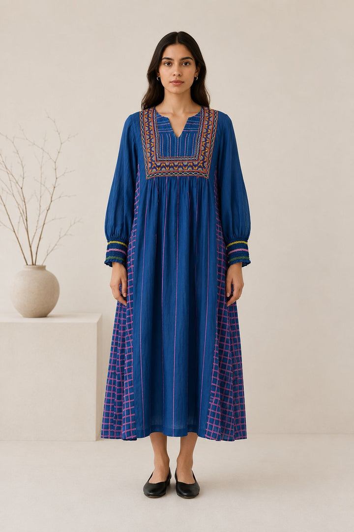 Royal blue cotton gathered Dress with check panels