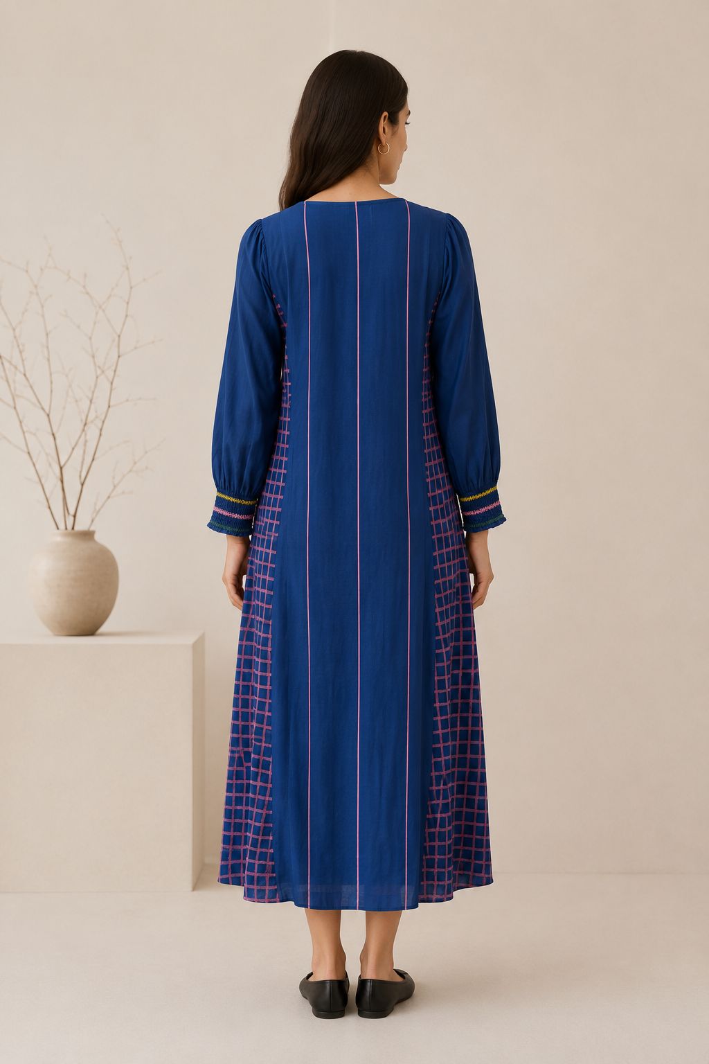 Royal blue cotton gathered Dress with check panels