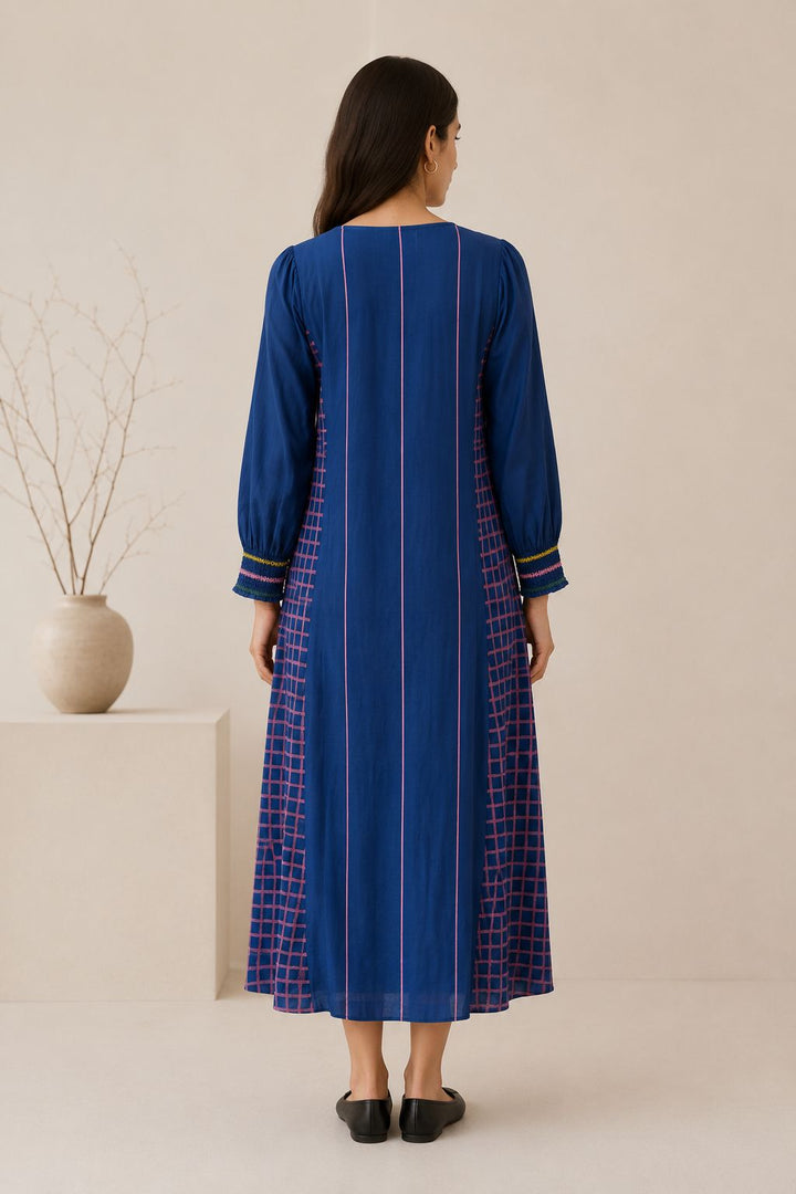 Royal blue cotton gathered Dress with check panels