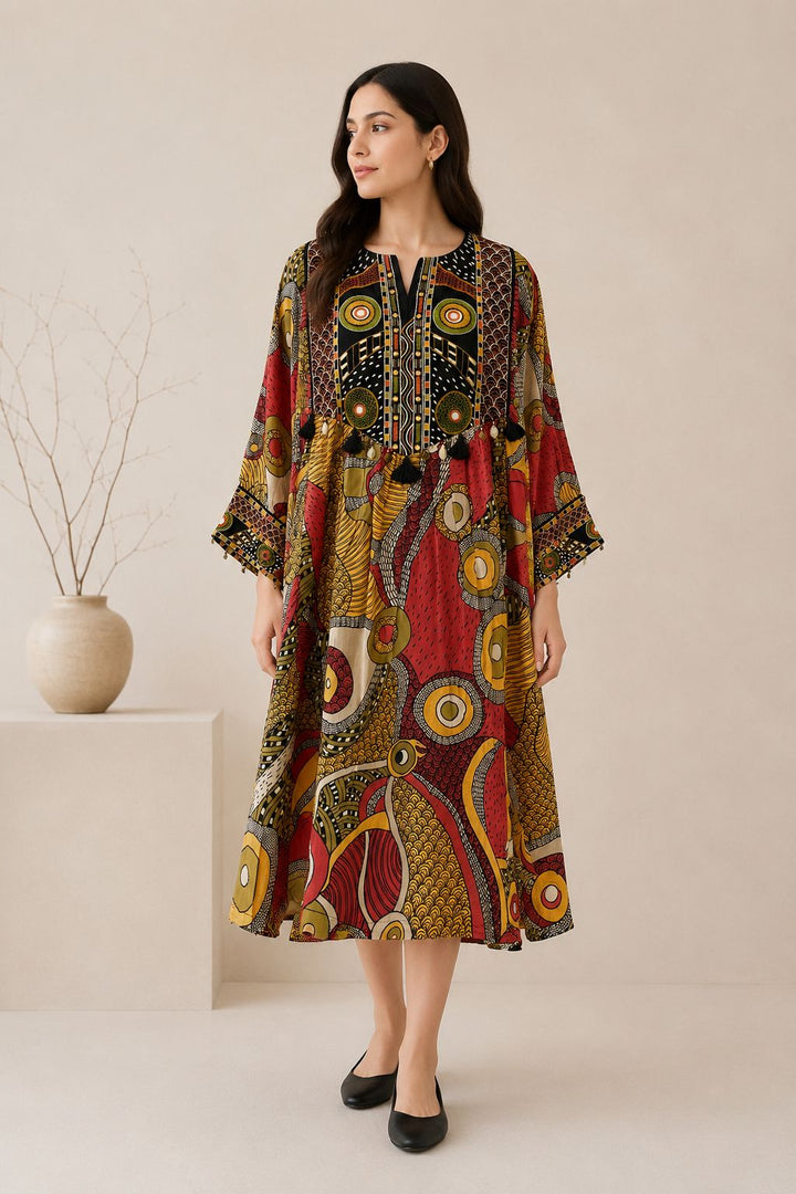 Multicolor Abstract Print Kaftan Midi Dress