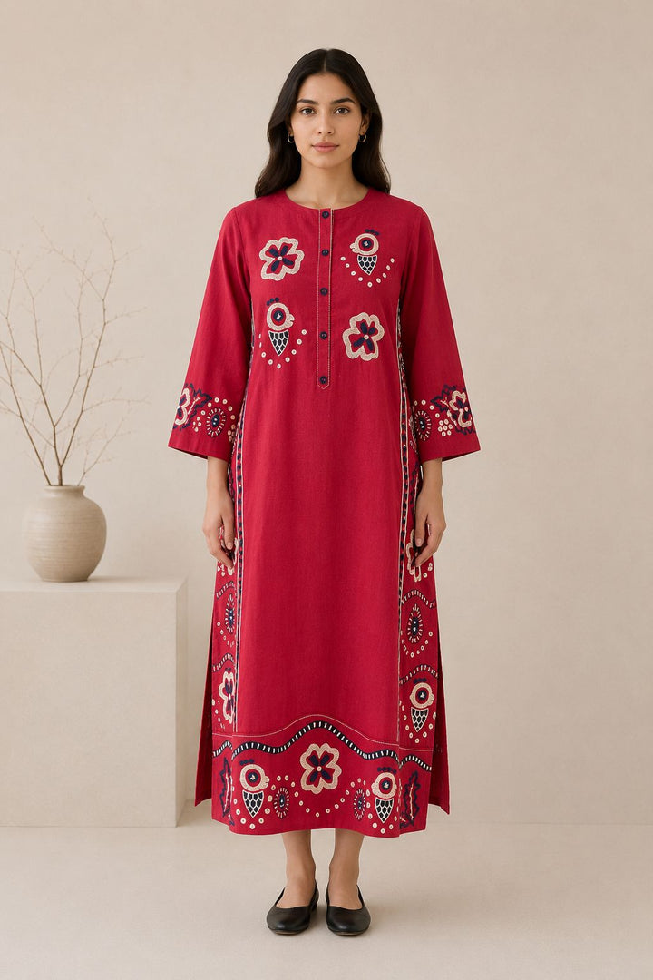 Maroon linen floral Dress