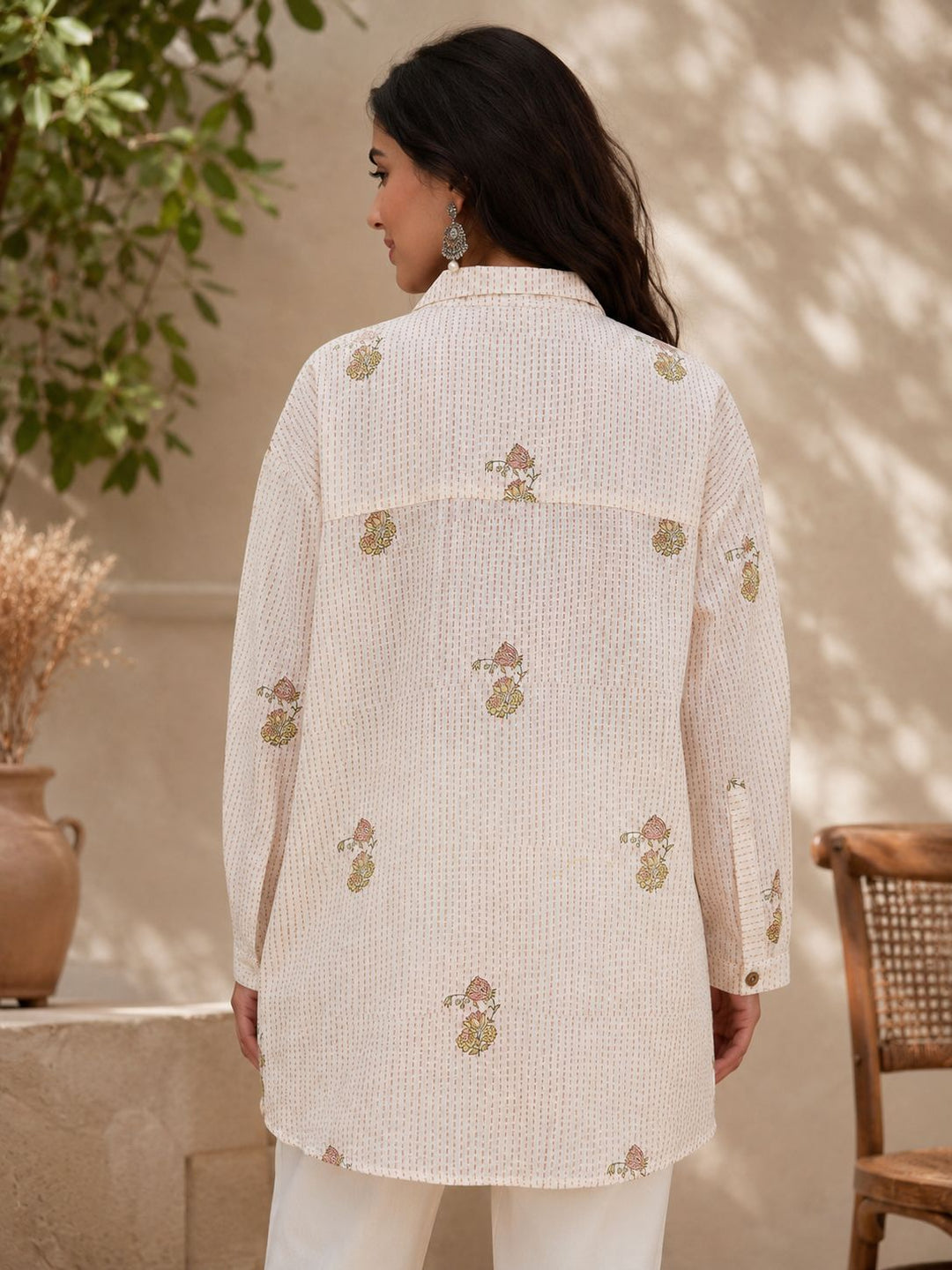 Cotton Long Shirt Tunic with Floral Buti Print