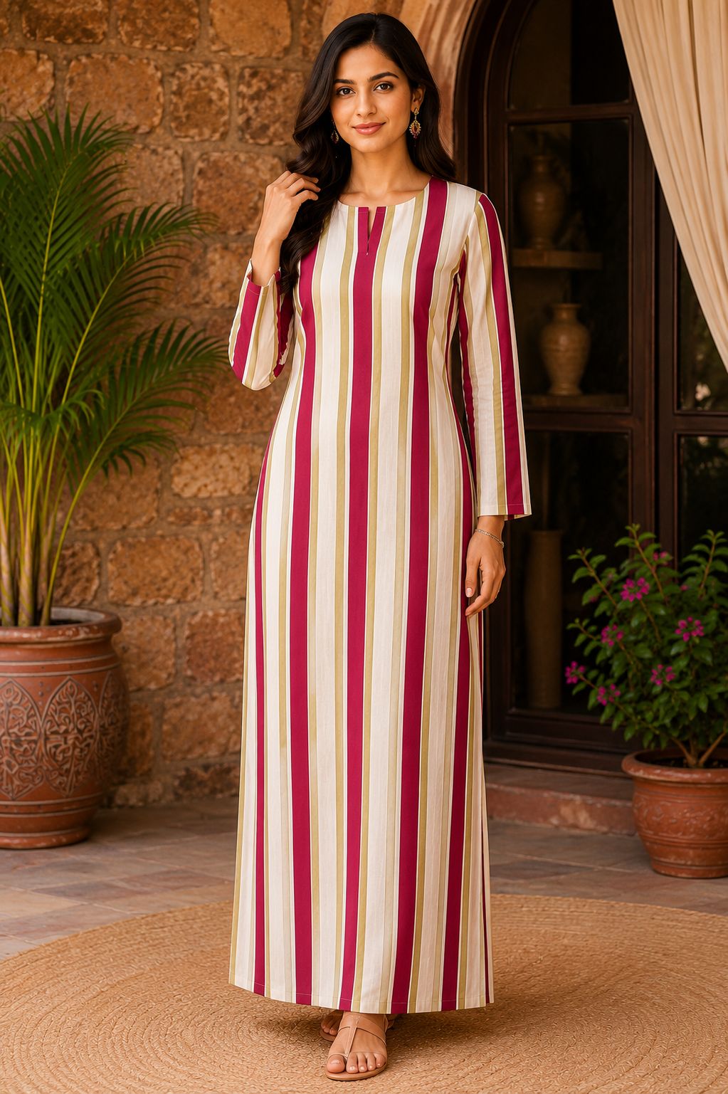 Cotton Vertical Stripe Long Dress