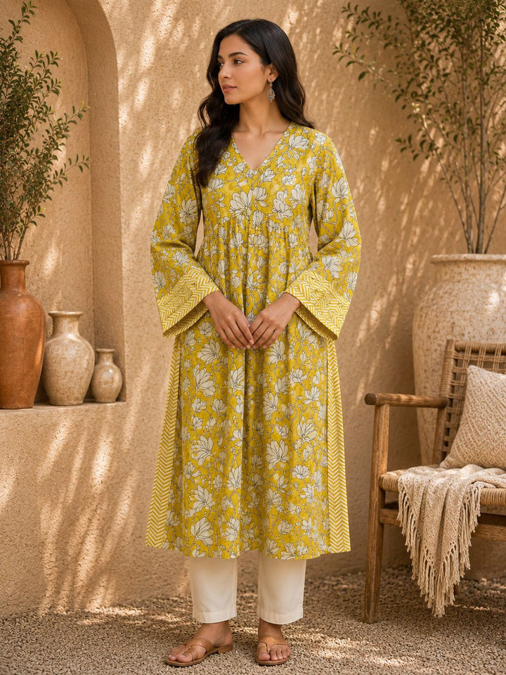 Mustard Floral Printed Cotton Tunic