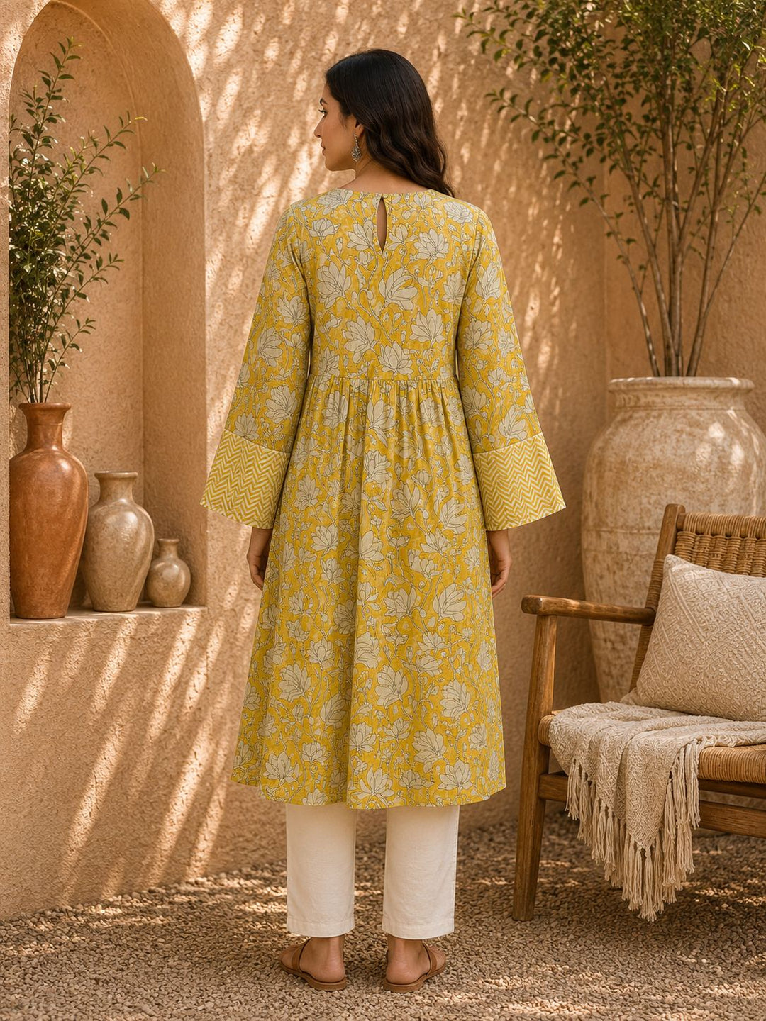 Mustard Floral Printed Cotton Tunic