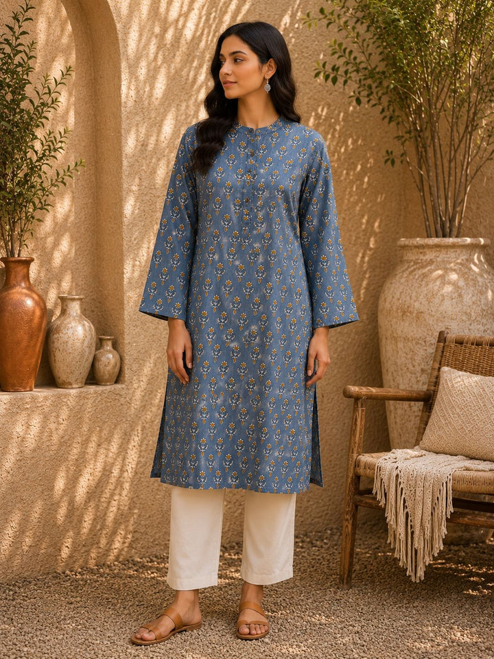 Indigo Floral Print Cotton Kurta