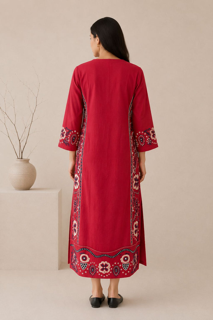 Maroon linen floral Dress