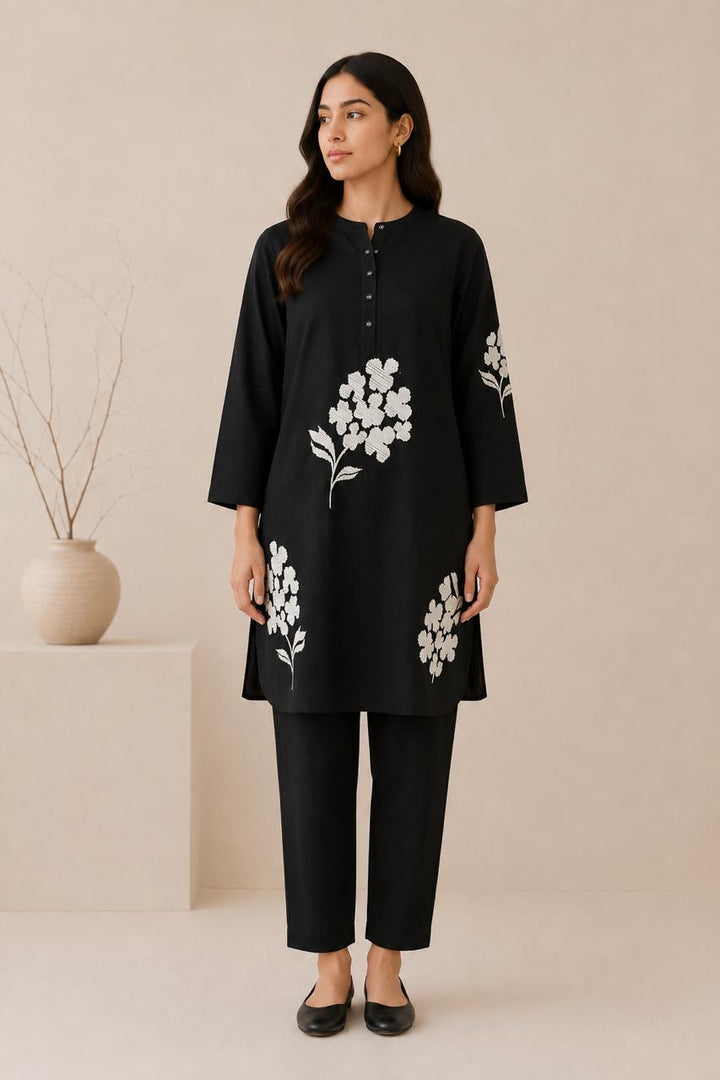 Black Floral Print short kurta