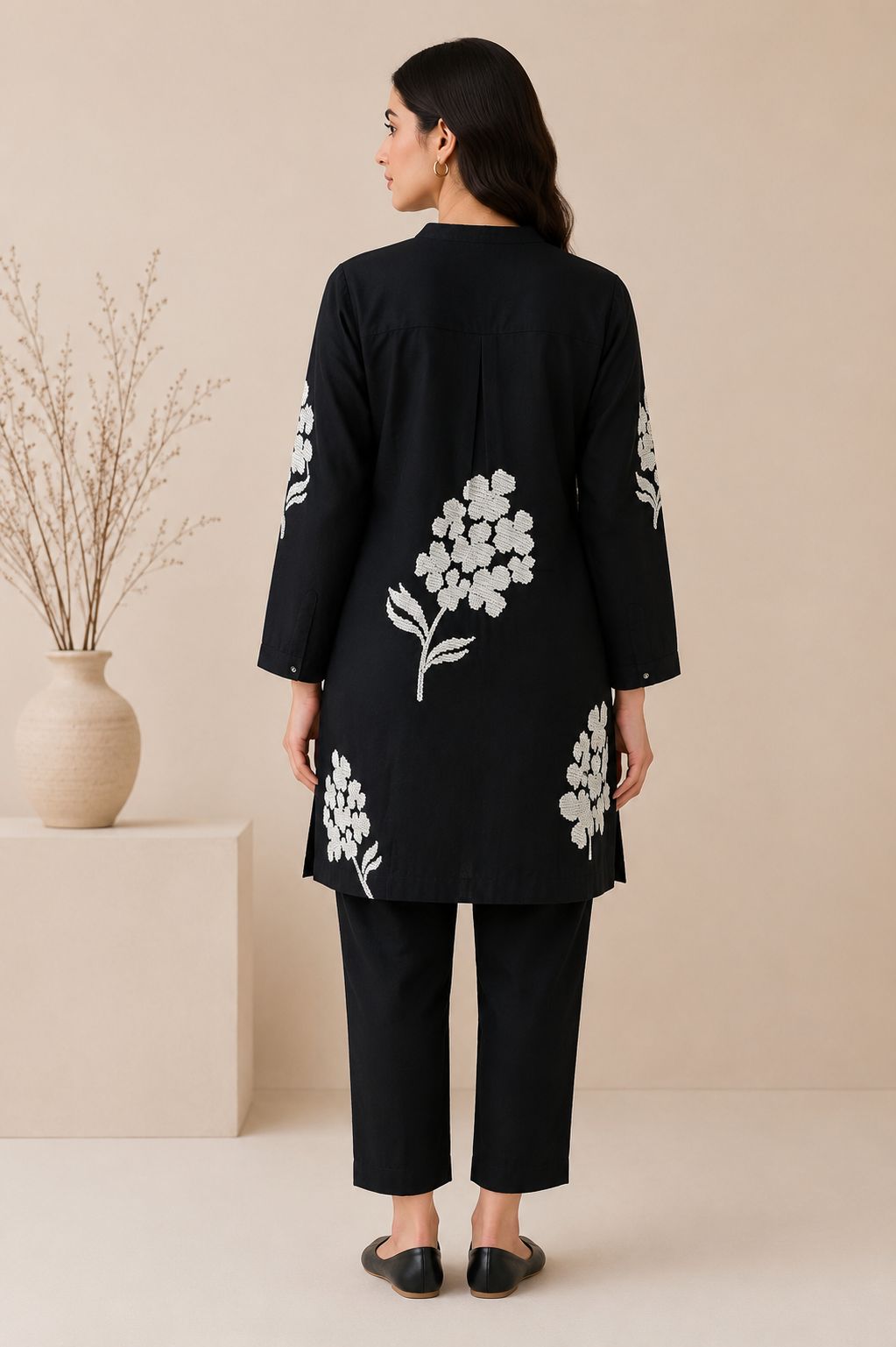 Black Floral Print short kurta