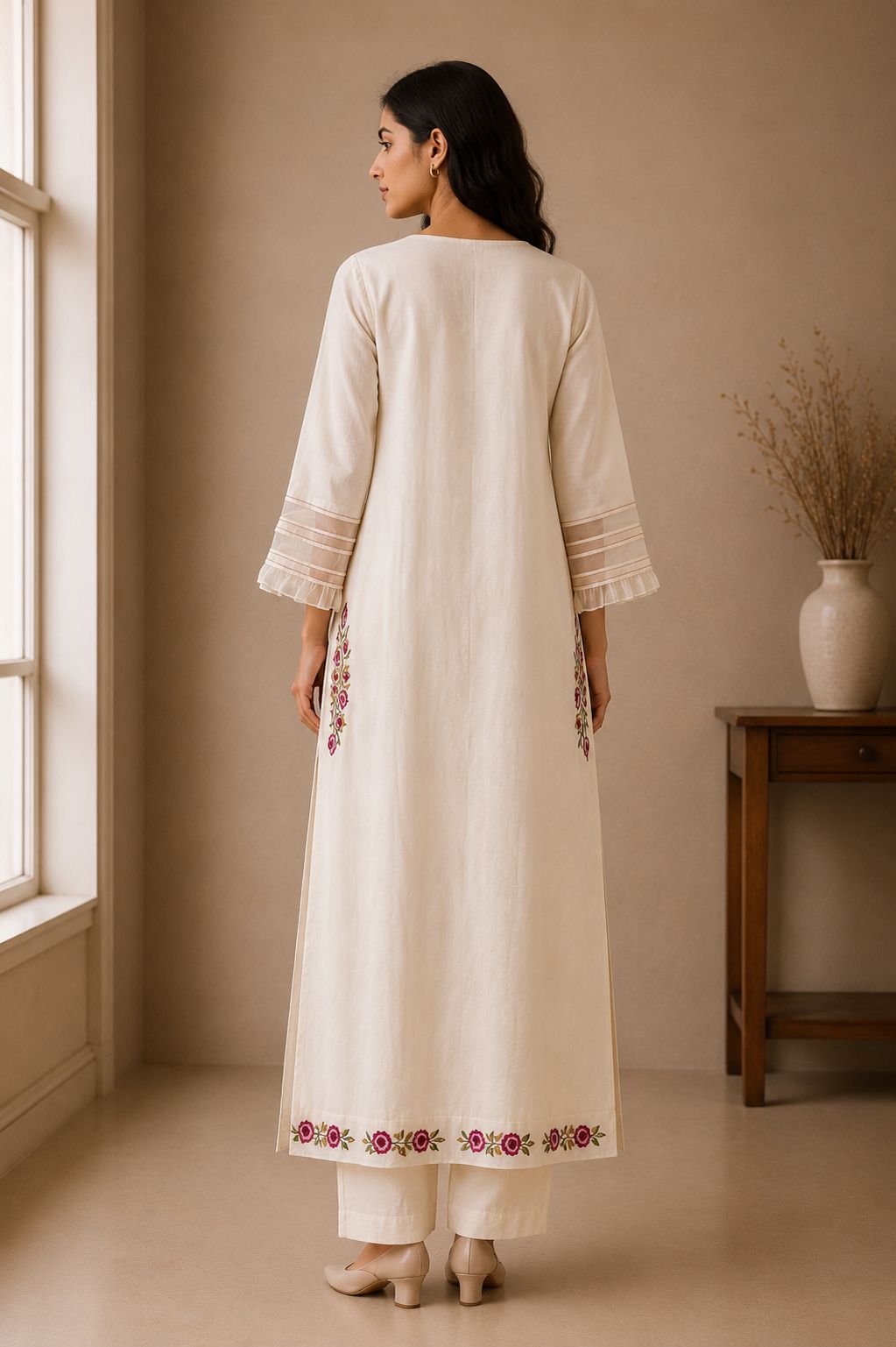 V- Neck Cotton Embroidered Straight Kurta with Floral embroidered Pockets