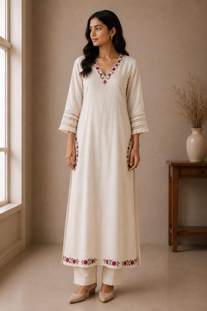 V- Neck Cotton Embroidered Straight Kurta with Floral embroidered Pockets