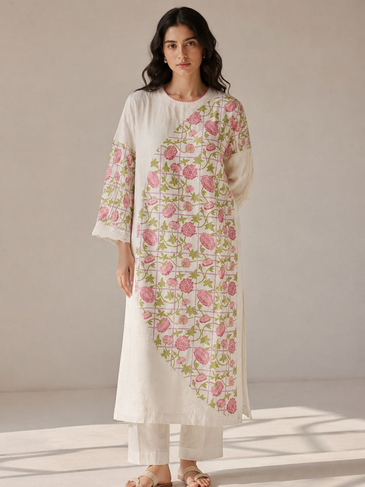 Ivory Rose Panel Floral  Kurta