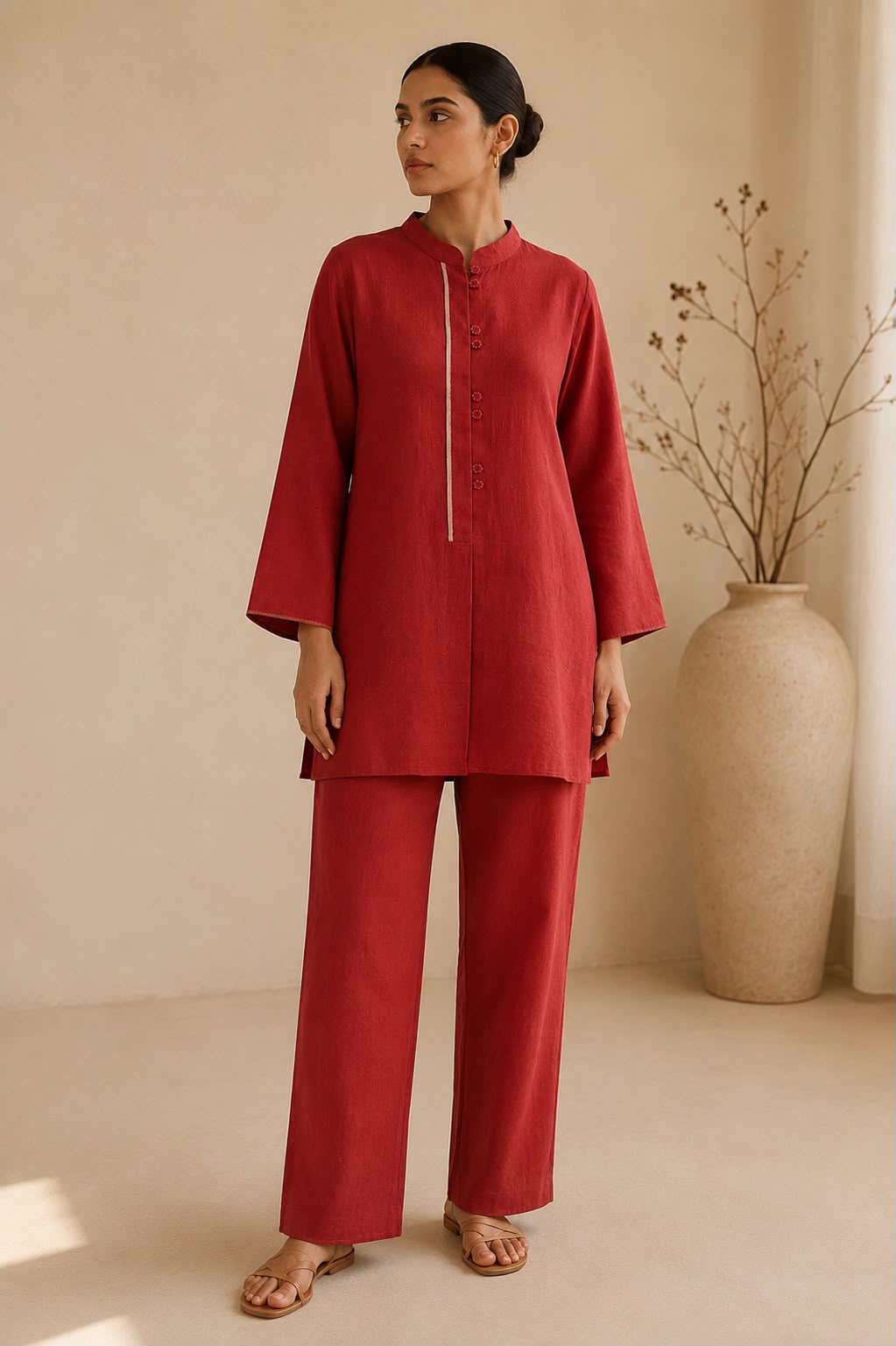 Red Linen Tunic Set