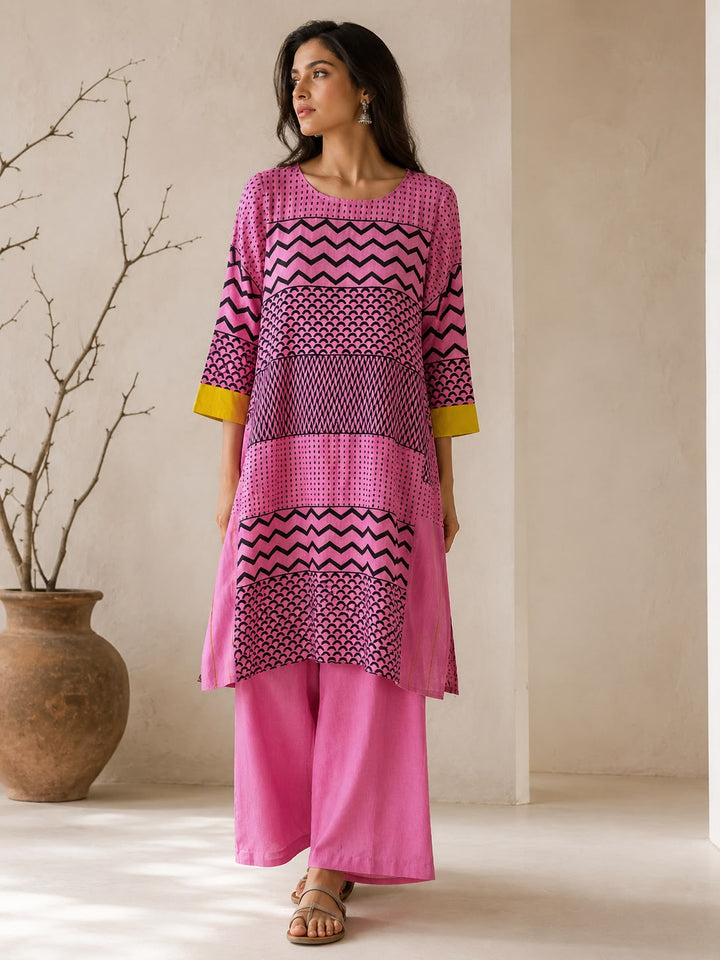 Pink Chevron Cotton Kurta with Pant