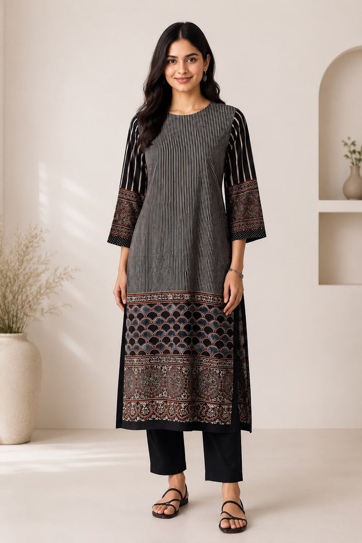 Charcoal Cotton  Black  Printed Kurti