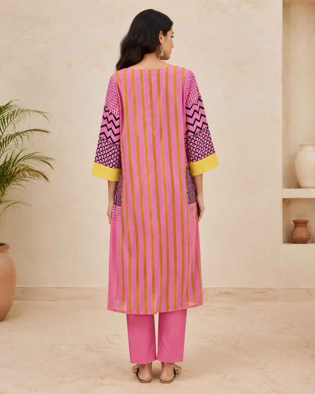 Pink Chevron Cotton Kurta with Pant