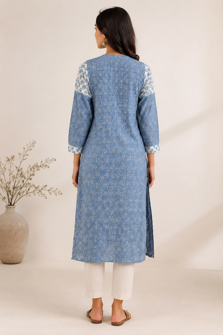 Sky Blue Hand Block Print Cotton Straight Kurta