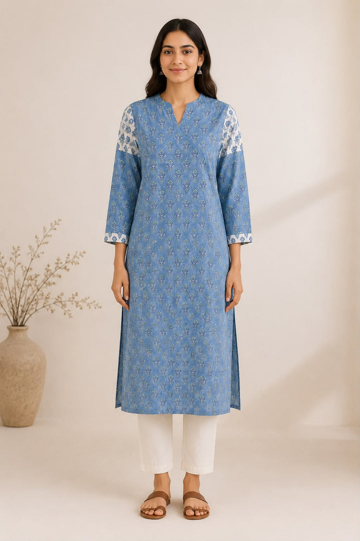 Sky Blue Hand Block Print Cotton Straight Kurta