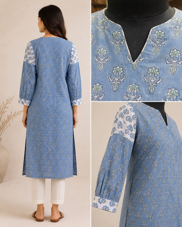 Sky Blue Hand Block Print Cotton Straight Kurta
