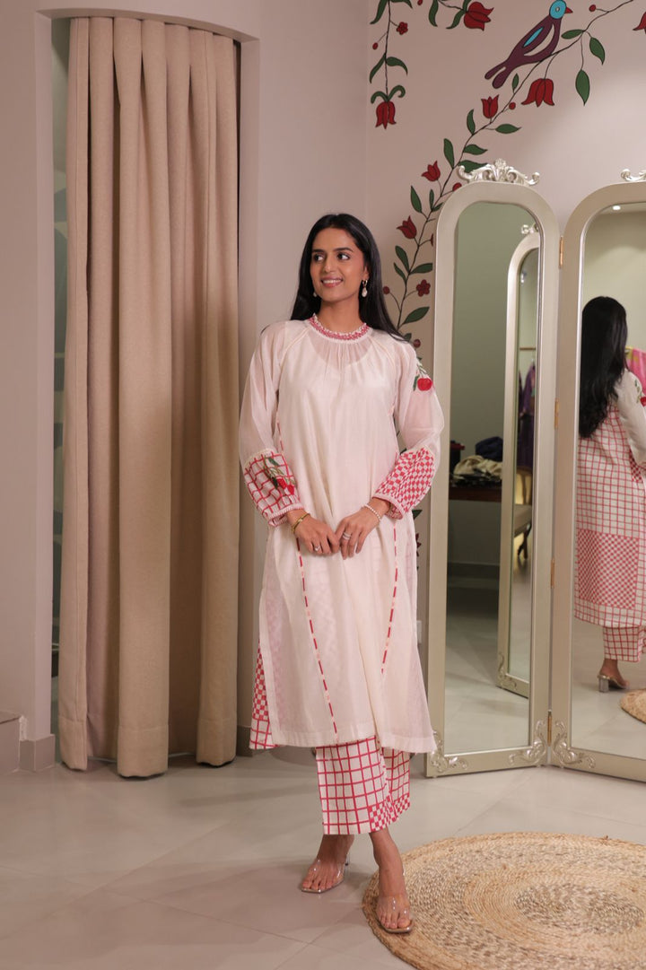 SHIRIN: COTTON SILK IVORY RED CHECK EMBROIDERED KURTA SET