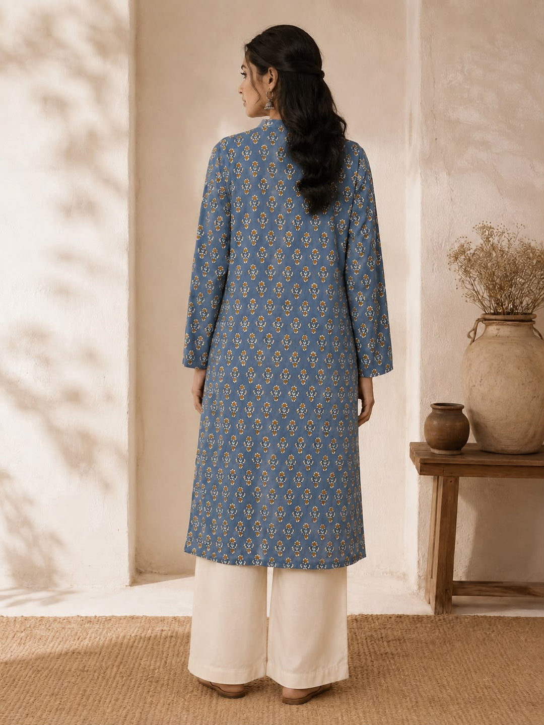 Indigo Floral Print Cotton Kurta