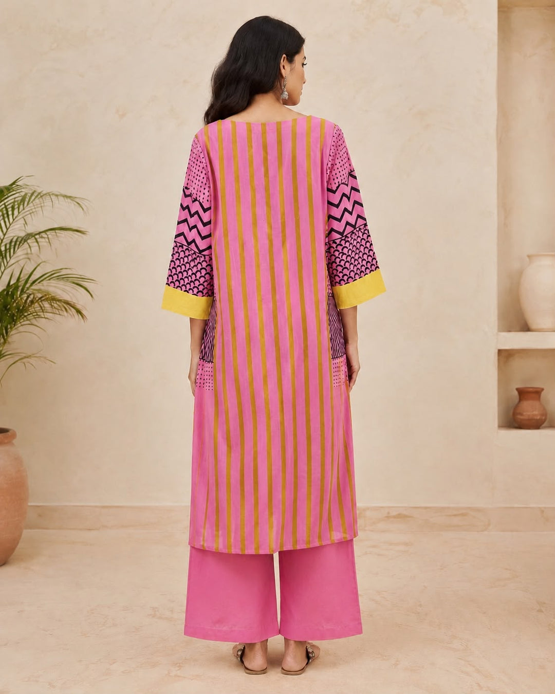 Pink Chevron Cotton Kurta with Pant