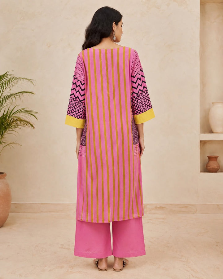 Pink Chevron Cotton Kurta with Pant