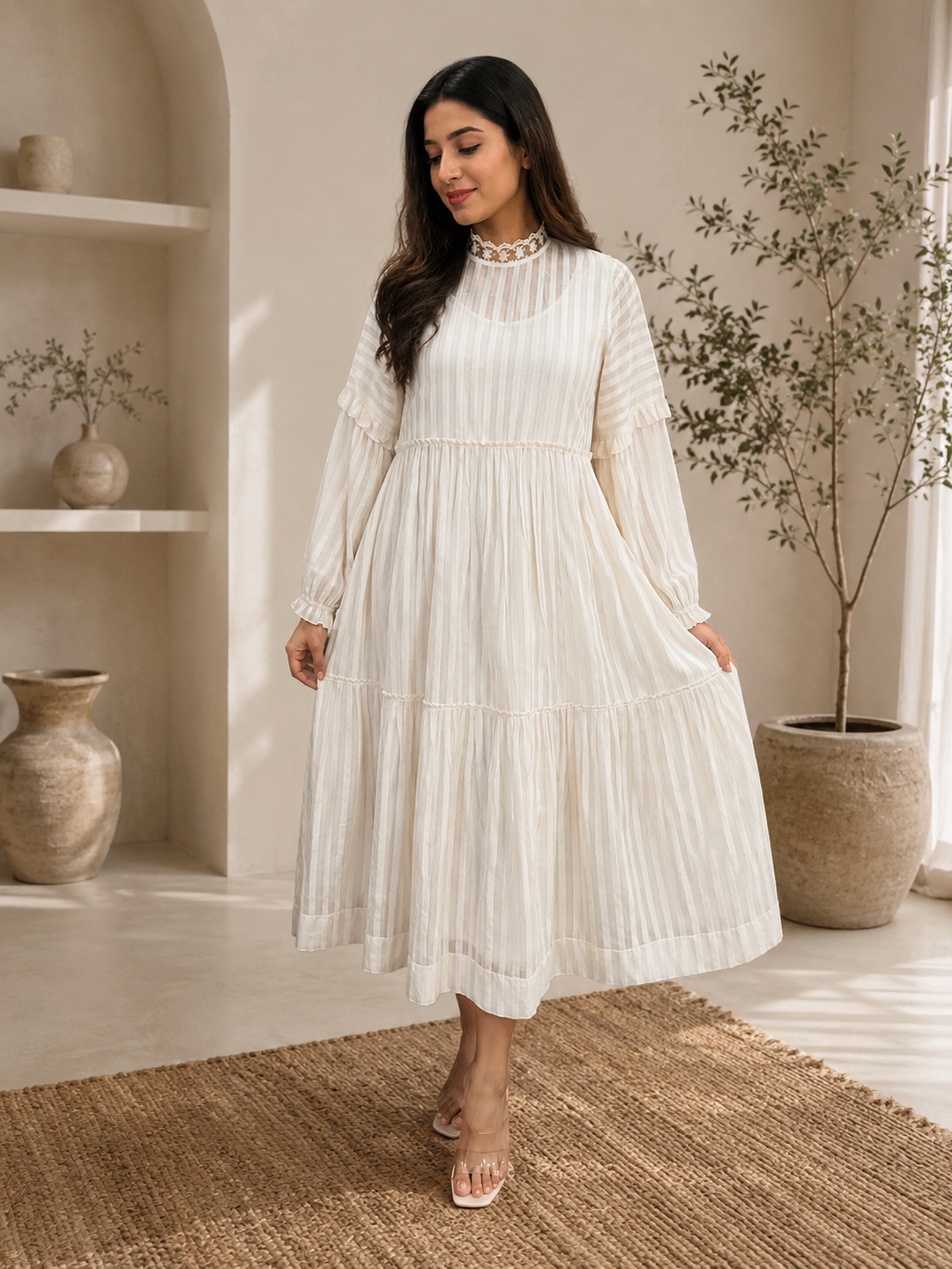 off White sheer striped Cotton Dress