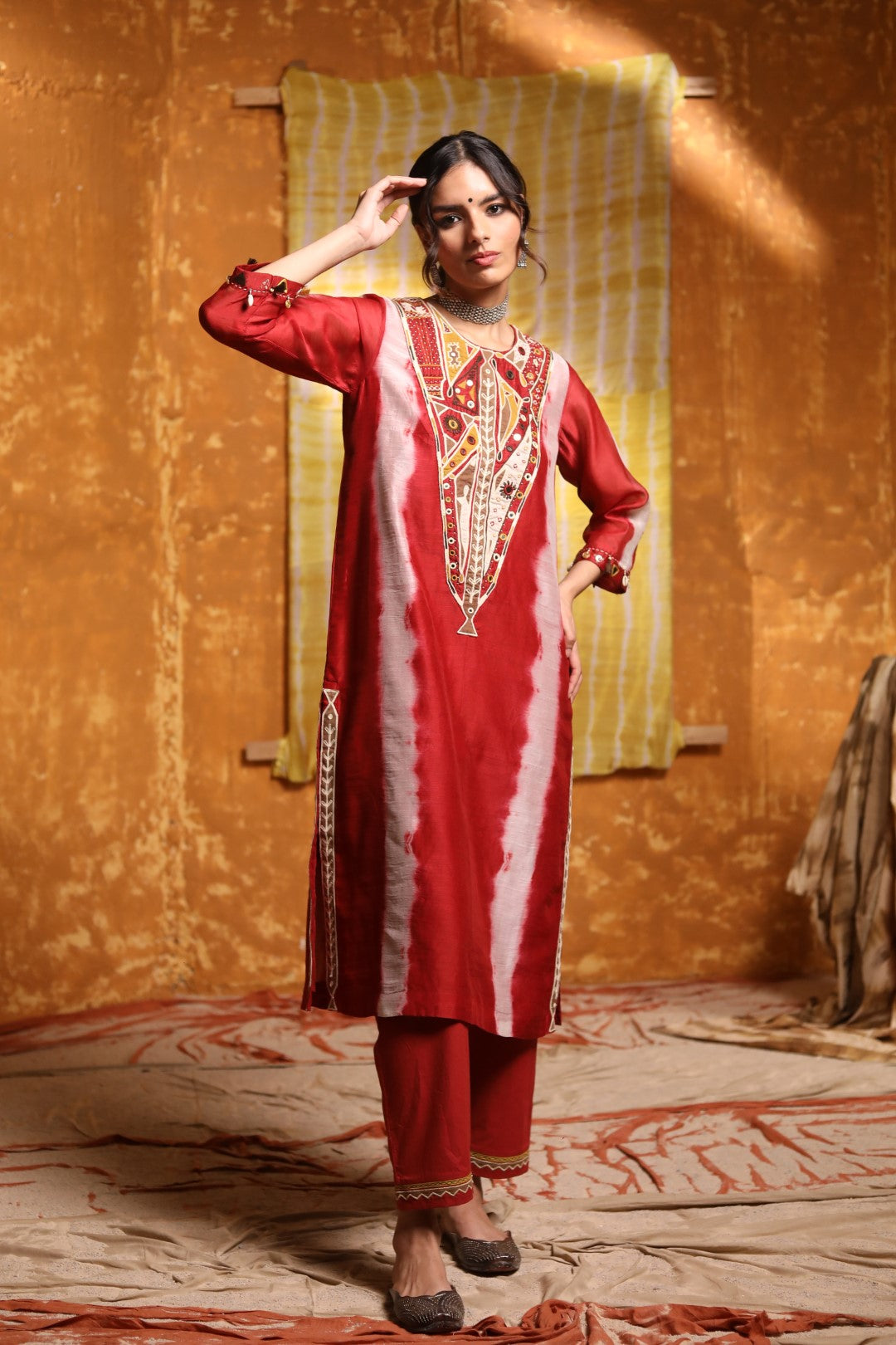 Maroon V-Neck Abstract Work Kurta Set