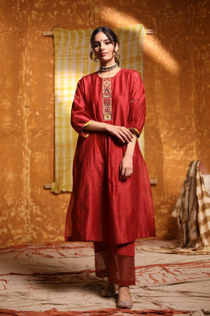 Maroon Cotton Pants With Striped Chanderi