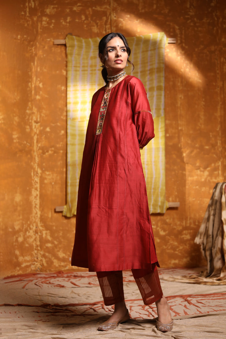 Maroon Cotton Pants With Striped Chanderi