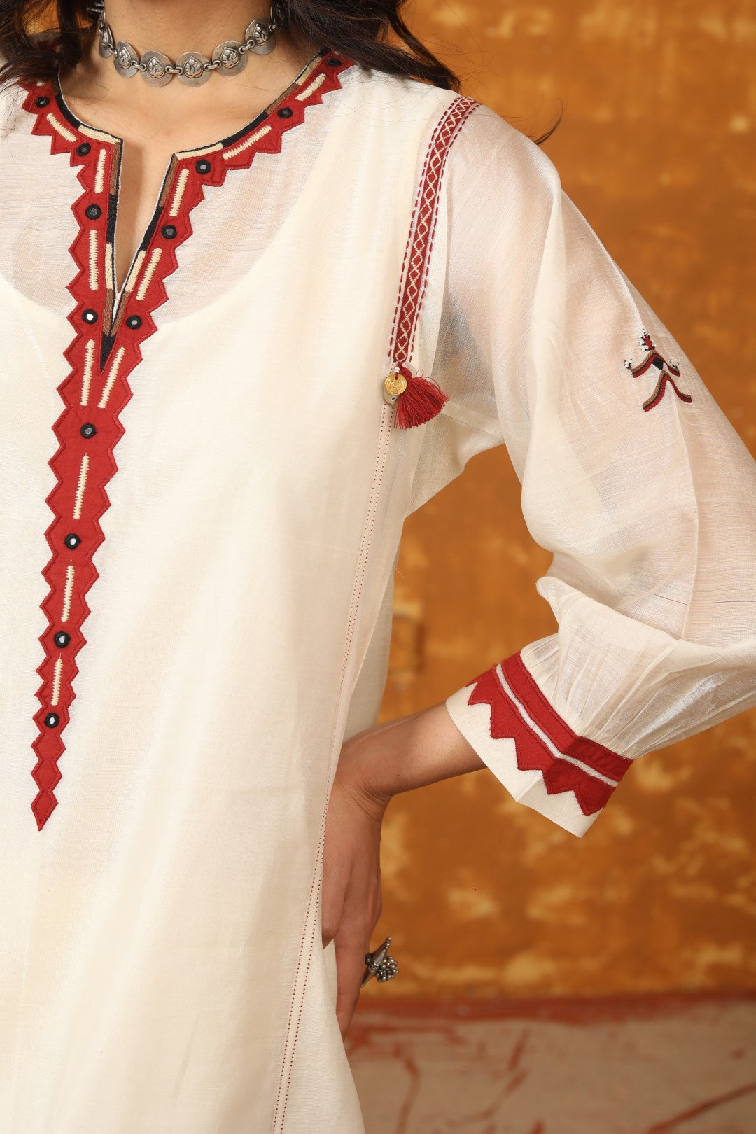 Ivory Triangle Appliuqe Work Kurta With Pants & Dupatta