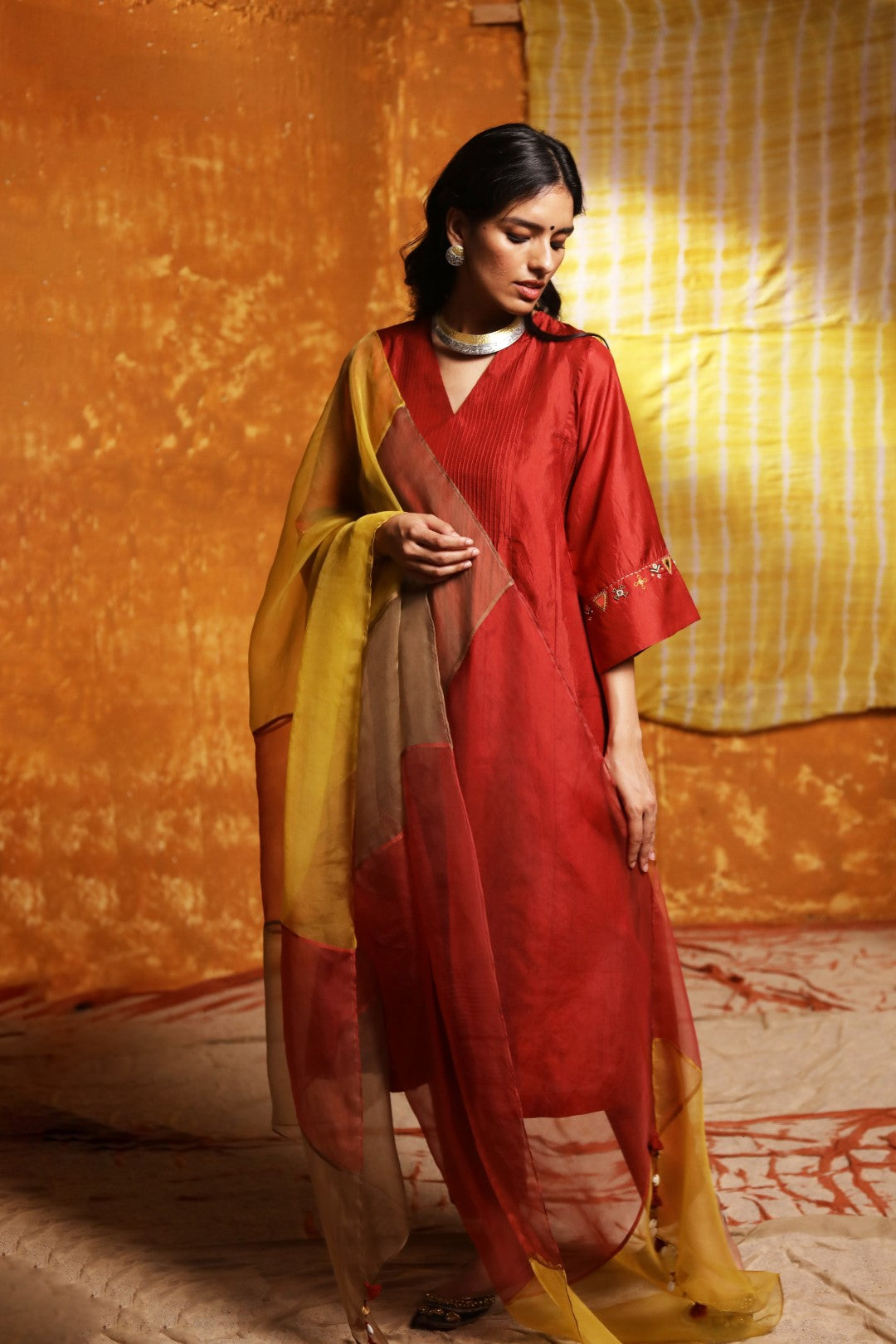 Maroon Handloom Silk Pintuck Choga With Pant & Dupatta