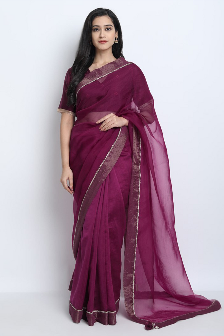 SAREE- WINE CHANDERI WITH GOTA DETAILING JAIMINI SAREE SET