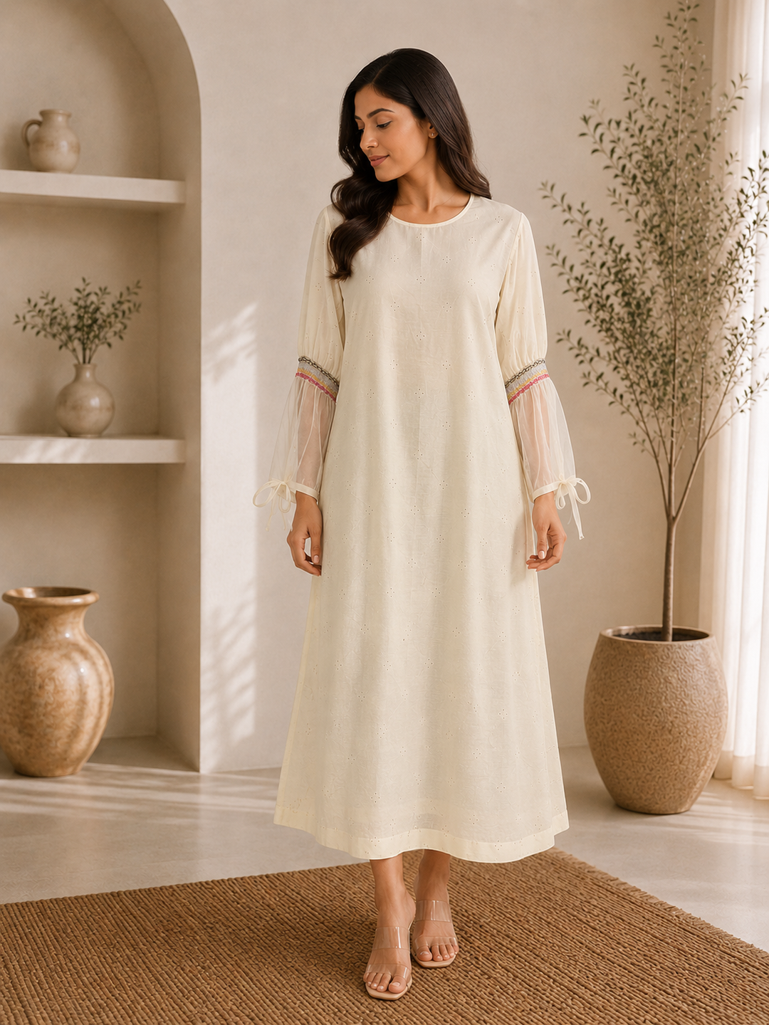 Cream Sheer Chanderi Dress