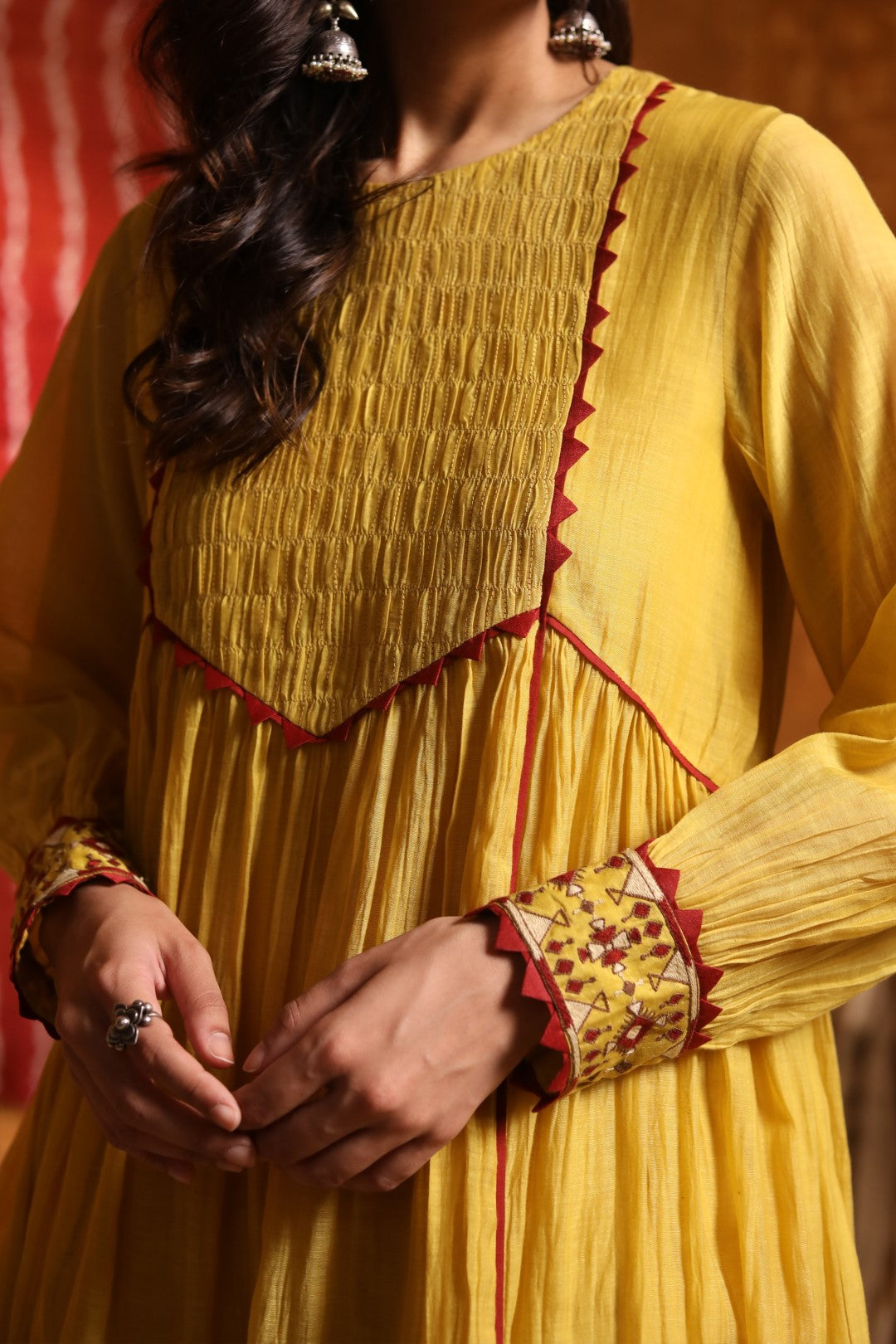 Mustard Smocking Gather Cuff Embroidery Kurta & Pant with Dupatta