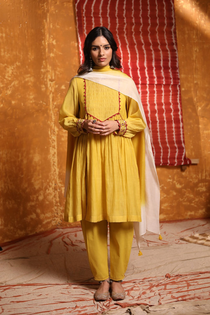 Mustard Smocking Gather Cuff Embroidery Kurta & Pant with Dupatta