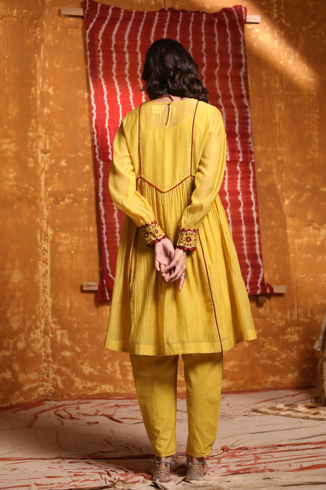 Mustard Smocking Gather Cuff Embroidery Kurta