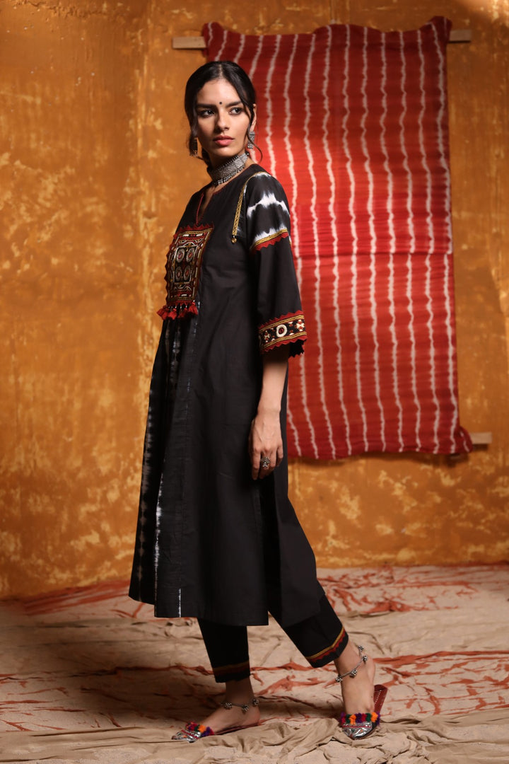 Black Cotton Pant With Applique Work