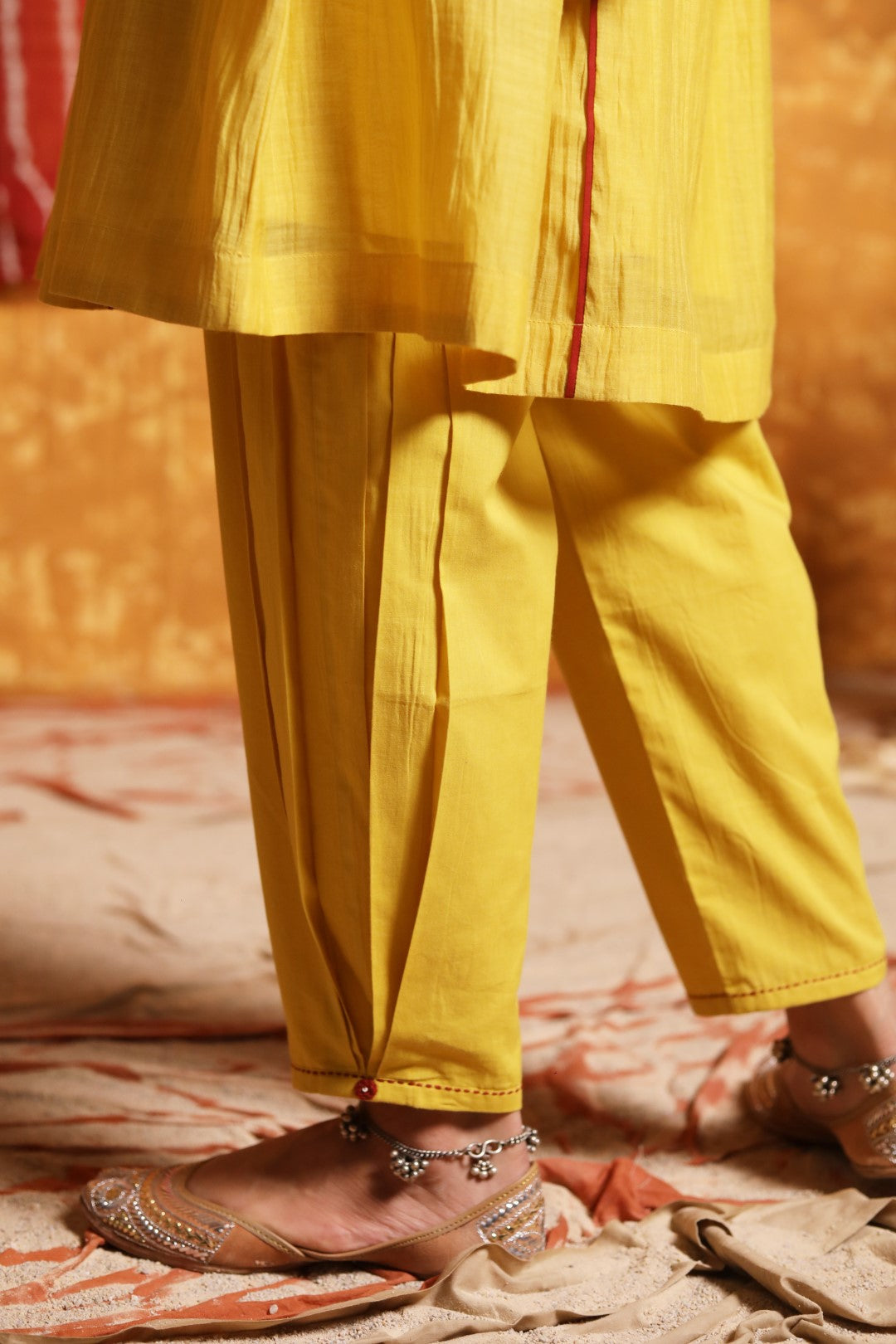 Mustard Smocking Gather Cuff Embroidery Kurta & Pant with Dupatta